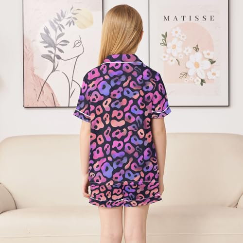 ALAZA Leopard Print Color Animal Satin Pajamas Set Short Sleeve Button Down Sleepwear Summer Pjs 2 Piece4