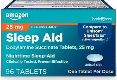 Amazon Basic Care Nighttime Sleep Aid Tablets for Adults, Doxylamine Succinate 25 mg, 96 Count