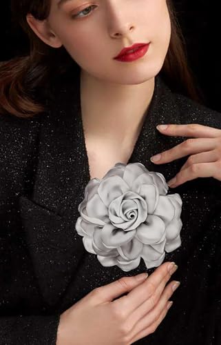 Image of Extra Large Satin Fabric Flower Brooch for Women Elegant Rose Camellia Floral Brooch Pin Handmade Big Satin Fabric Flower Statement Brooch Pin Vintage Clothing Hat Bag Accessories Christmas Wedding Bridal Birthday Jewelry
