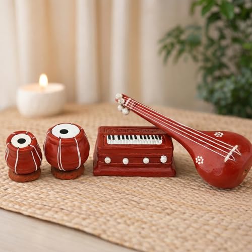 Image of Classic Terracotta Clay Miniature Musical Instruments Combo | Handmade Clay Tabla Veena Harmonium Showpiece for Home Decor, Return Gift, Table Decoration, Indian Handicraft