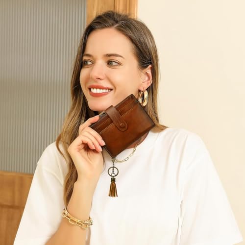 Leather Wallet Women,RFID Blocking Small Wallets for Women Bifold Compact Card Holder With Zipper Coin Pocket Brown2