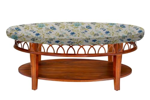 Image of The Furnishing Tree Elastic Cotton Oval Center Table Cover 16x48 in Inches Floral Blue Leaf on offwhite Base
