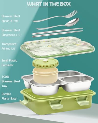 Image of Brand Conquer Lunch Box 3 Compartment Leak-Proof BPA Free Stainless Steel for School, Lunch Box for School & Office with a Fork, a Spoon and a Pair of Chopsticks (Classic Green, Happiness Kawaii)