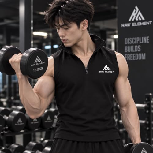Image of Men's Sleeveless Half Zip Gym T-Shirt - Black Stand Collar Athletic Training Top | Regular Fit Sports Tank Top
