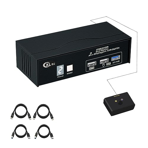 CKLau USB 3.0 2 Port Displayport KVM Switch 2 Monitor 2 Computers 4K60Hz 2K144Hz with Cables, DP 1.2 KVM Dual Monitor Keyboard Mouse Video Peripheral Switcher Box