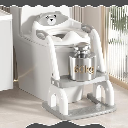 Miniatura 9 de Asiento De Inodoro Infantil Con Escalera 2 En 1 Ajustable Y Plegable, Adaptador De Baño Infantil Con Cojín Acolchado Adaptable A Inodoros V U O Gris