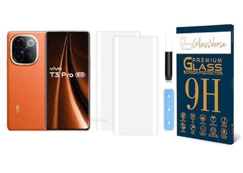 Image of GlassVerse Vivo T3 Pro UV Tempered Glass Screen Protector. Pack Of 2 | 3D Curved Edge | 9H Hardness | Full UV Glue with UV Light | Anti-Scratch | Case Friendly | HD Clear. (6.77 Inches)