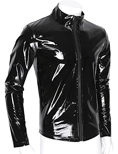 Image of AIEOE Men's Leather Metallic Shirts Shiny Slim Fit Stretch Top Wetlook Club Party Undershirts