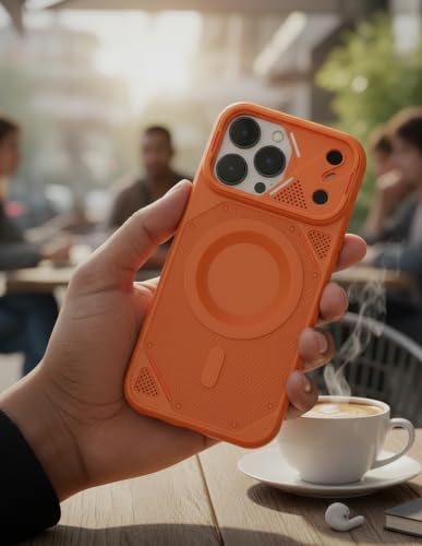 Image of iPhone 14 Pro Max Case Cover | Premium Compatible Mag-Safe Style Shockproof Back Cover for iPhone 14 Pro Max | Camera Protection Mobile Case (Orange)
