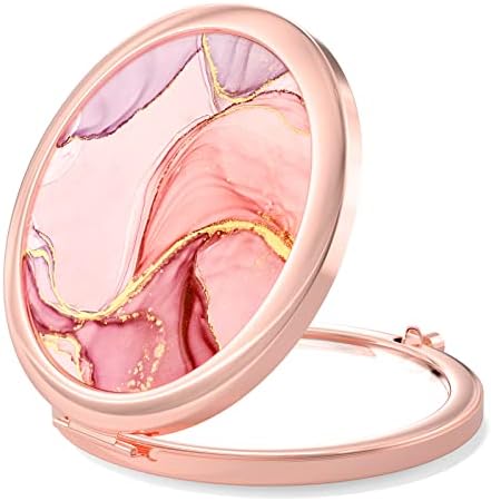 Nipichsha Compact Mirror, Pocket Travel Makeup Mirror, 2-Sided 2X/1X Magnification Compact Mirror, Small Folding Portable Handheld Mirror for Purses, Gift for Mom Women, 2.75In Rose Gold(Pink Marble)