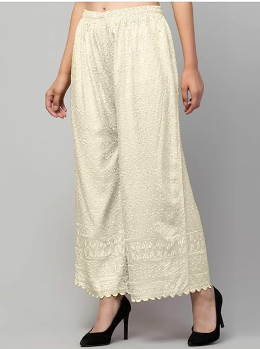 Image of Women's Palazzo Pants Rayon Trousers Chikankari Embroidered Lace Trim Wide Leg Straight Fit Flared Palazzo for Girls & Women