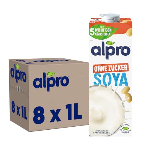 Alpro Sojadrink – Vegan und milchfrei – Von Natur aus laktosefrei und fettarm – Reich an pflanzlichen Proteinen, beinhaltet Calcium und Vitamine – 8 x 1 L – Haltbar