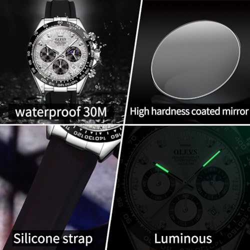 Image of OLEVS Men's Watches Chronograph Multifunction Sport Silicone Luxury Diamond Moon Phase Quartz Male Watch Waterproof Wrist Watch