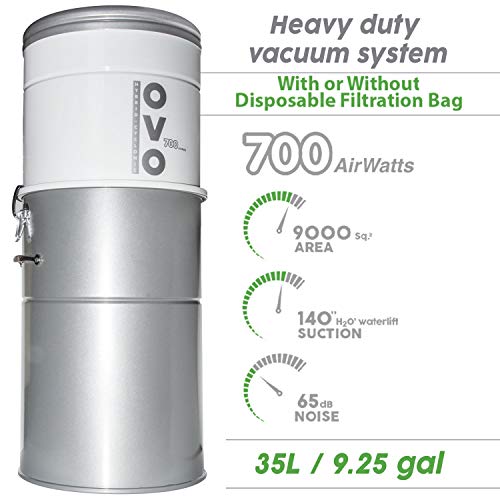 Image of OVO 700 Airwatts Heavy Duty Powerful Central Vacuum System, Hybrid Filtration (with or Without Disposable Bags) 35L or 9.25Gal Bottom Load Dust Bin