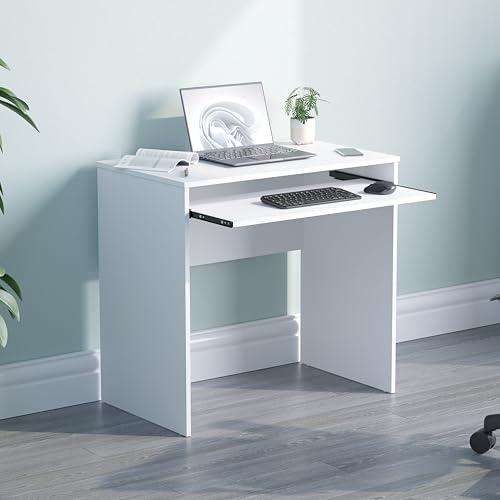 Vida Designs Huby - Escritorio pequeño para ordenador, oficina en casa, mesa compacta para PC/ordenador portátil, portátil de estudio, estación de trabajo con bandeja de teclado, muebles, blanco