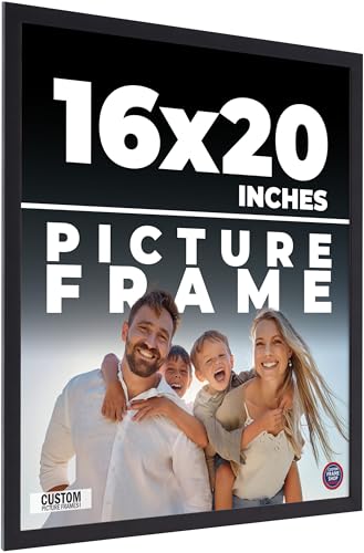 16x20 Frame Black Real Wood Picture Frame Width 0.75 Inches | Interior Frame Depth 0.5 Inches | Noir Classique Mid Century Photo Frame Complete with UV Acrylic, Foam Board Backing & Hanging Hardware