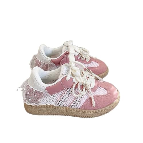 Cute Sneakerina Ballet Sneakers for Kids Chunky Platform Leather Mesh Pearl Bow Lace Ballet Shoes for Back to School, Toddler Girls Fashion Gifts