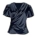 Flutter Sleeve Silk Satin Tops for Women Slim Ruched Blouses Soft Smooth Silky T Shirts for Business Casual(Navy,Medium)