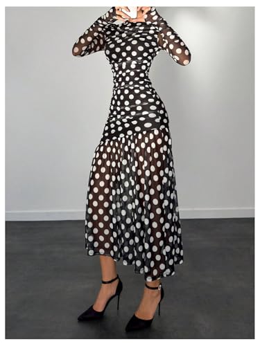 Image of Verdusa Women's Polka Dots Mesh Layered Bodycon Dress Long Sleeve Ruched Long Dress