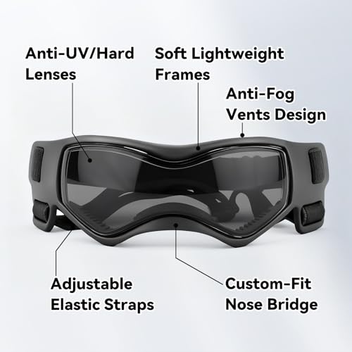 Image of Dog Goggles Small Breed, Small Dog Sunglasses with UV Protection, Outdoor Pet Eyewear for Riding Biking Hiking, Adjustable Straps, Black S