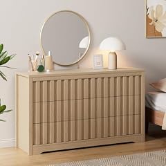 GarveeHome Fluted Dresser for Bedroom with 6 Drawers, Modern Wooden Chest of Drawers with Handleless, Wood Clothes Closet Organizer with Deep Storage for Living Room, Hallway, Natural Oak, 6 Drawer Natural