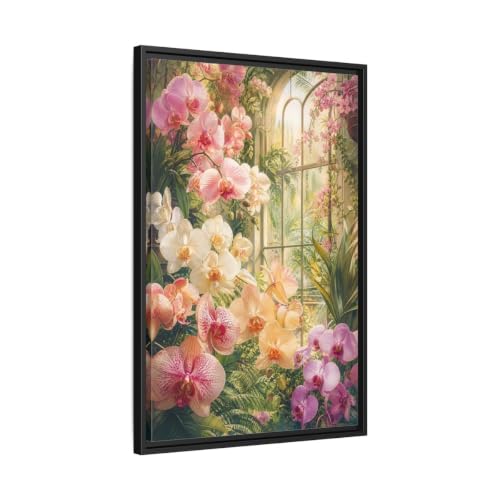 Tableau orchidées roses sous serre pour salon au-dessus de la cheminée 50x75 cm