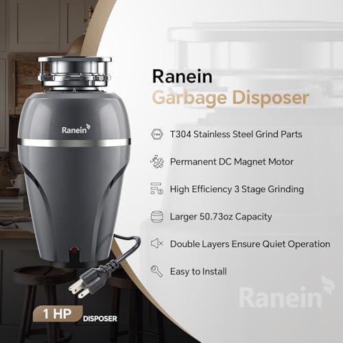 Image of Ranein 1 HP Garbage Disposal with Power Cord & Dishwasher Connector Kit, Quiet Stainless Steel Food Waste Disposer, Continuous Feed, DeepCut Ultra 7-Stage Grinding, Easy 3-Bolt Installation