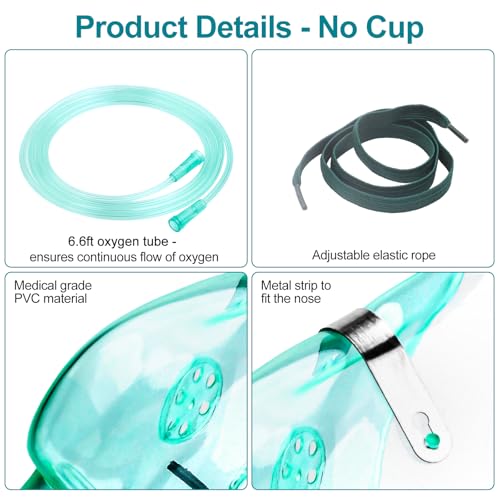 Ventisera 2 Pack Oxygen Mask for Face with 6.6 Ft Tubing and Adjustable Elastic Strap - Adult - Green Size L (No Cup)