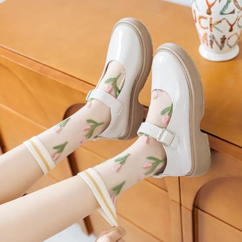 Image of Starella Womens Summer Sheer Socks Mesh Cute Floral Dress Sock Transparent Nylon See Through Stockings 3 Pairs