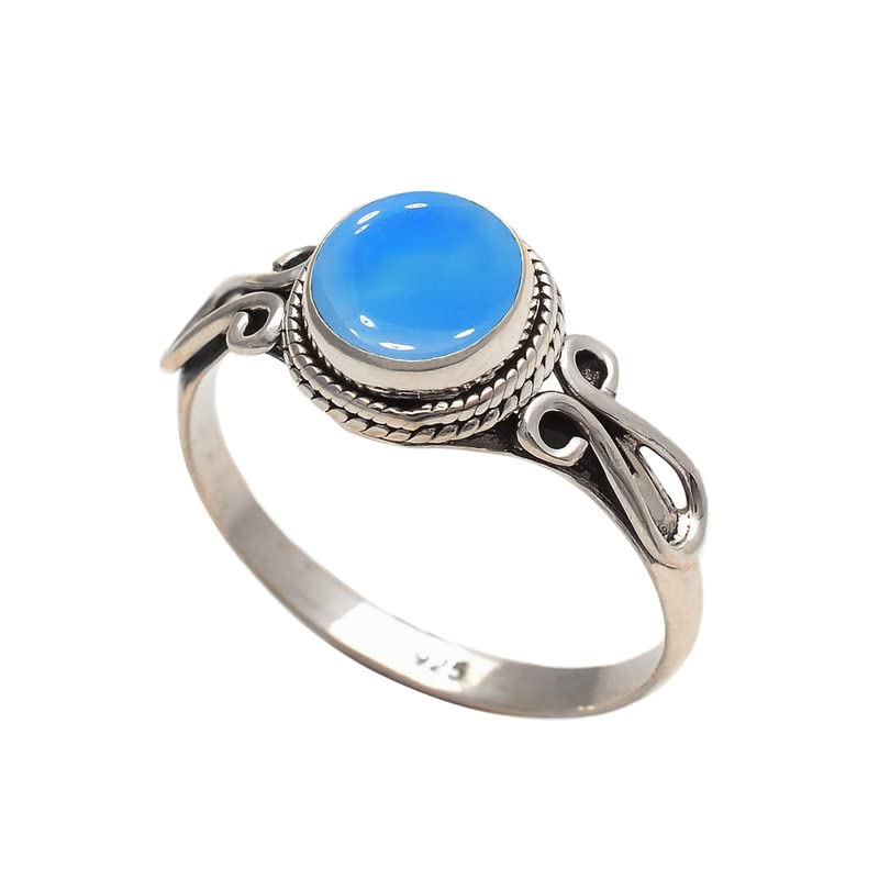 Miniatura 4 de Blue Chalcedony Stone Ring, Handmade 925 Sterling Silver Rings for Women Girls, Natural Gemstone Ring US size 6 Solitaire Ring, Round Stone Ring,