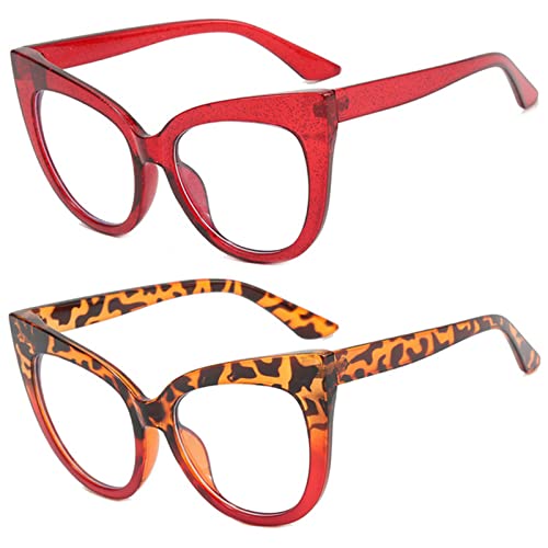 Image of Cat Eye Reading Glasses for Women,Retro Red Frame 2pack Computer Readers, Oversized Blue light Blocking Eyeglasses,