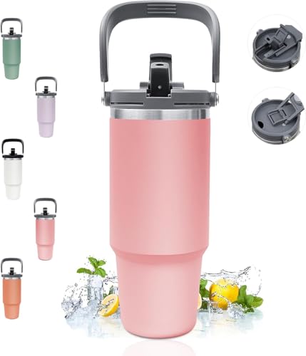 Image of 900ml Tumbler with Handle and Straw Stainless Steel Double Wall Insulated Tumblers Cup, Coffee Mug Travel Icold up 17h - Hot 12h Tumbler for Car Office Gym Travel (Pink)