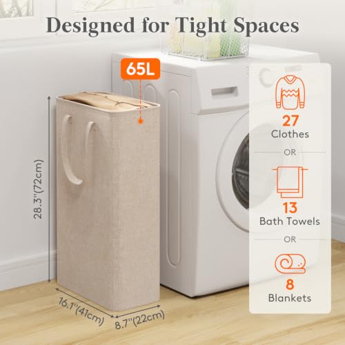 Image of Lifewit Slim Collapsible Laundry Basket with Handles, 65L, Beige