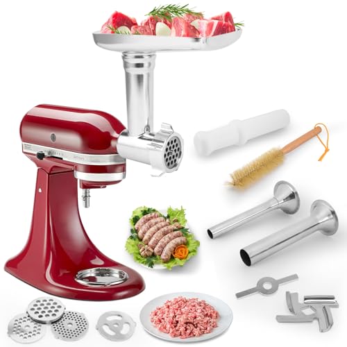 Meat Grinder Attachment for KitchenAid Stand MixerMetal food Meat grinder attachment Perfect Mixer Attachment for KitchenAid Mixers3 Sausage Stuffer Tubes Silver