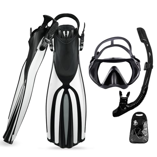 TUDIVING Equipo de Snorkel portátil para Adultos, máscara de Buceo, Snorkel y Aletas de Buceo, Juego de Tres Piezas, Equipo de Snorkel de tamaño de Viaje para Nadar, Hacer Snorkel y bucear (Azul)