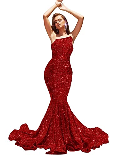 Qqcute Sequin Mermaid Prom Dresses Long For Women Formal Sexy Evening Party Gowns Sparkly Sleeveless Cocktail Dress(Burgundy,26) #TOP7