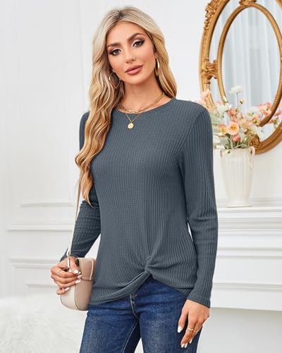 MISFAY Womens Casual Top Long Sleeve Cute Twist Knot Waffle Knit Shirts Tops4