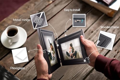 JD Concept Vertical Horizontal Combo, Art Double 5x7 Black Wood Foldable Picture Frame - Opening 4.5x6.5 - for 5 by 7 Portrait and Landscape View
