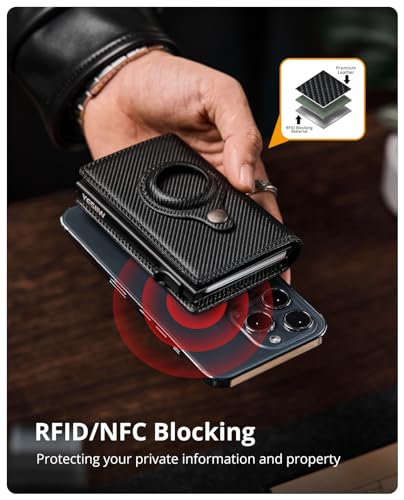 YESIIW Airtag Wallet for Men, RFID Blocking Wallet Pop Up Card Holder, Smart Wallet Apple AirTag Holder, Minimalist Trifold Leather Wallet with ID Window, Cash Slot (Fine Stripe Black)2