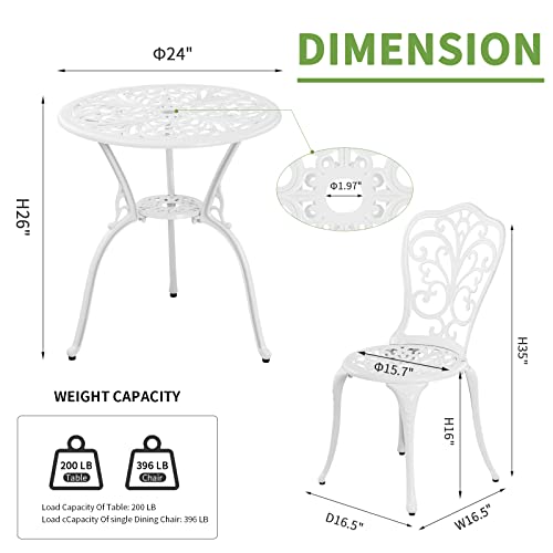 Withniture Bistro Set 3 Piece Outdoor Cast Aluminum Patio Bistro Set with Umbrella Hole, All Weather Bistro Table and Chairs Set, Small Patio Furniture Set for Garden, Porch,White