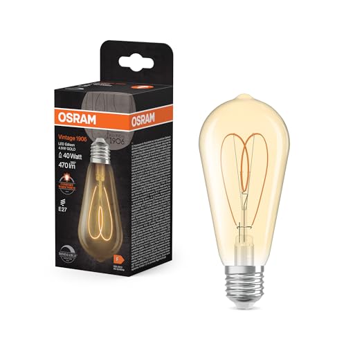 Osram Vintage 1906 Edison ist eine warmweiße, dimmbare LED-Lampe in Edison-Kolbenform mit Filament. Sie bietet 4.9 W für 470 lm, E27 Fassung, goldfarbenes Glas, 64 mm Durchmesser, 2200 K, EEK F.
