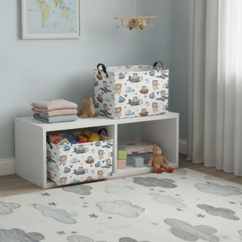 Image of Rectangular Kids Basket Baby Girl Basket Fabric Storage Bin Organizer Box Room Decor(Bear Pilot)