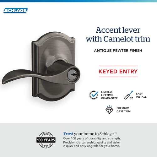 Image of SCHLAGE Accent Lever with Camelot Trim Keyed Entry Lock in Antique Pewter - F51A ACC 620 CAM