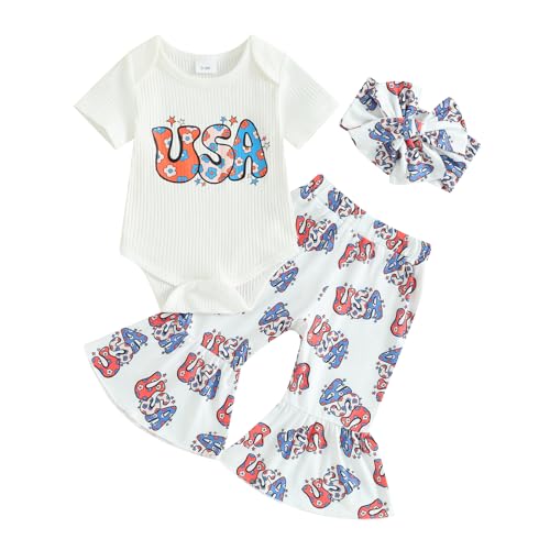 4th of July Baby Girl Outfits Ribbed USA Romper Shirt Top Red Blue Pants Sets Newborn Fourth of July Clothes (A USA, 3-6 Months)
