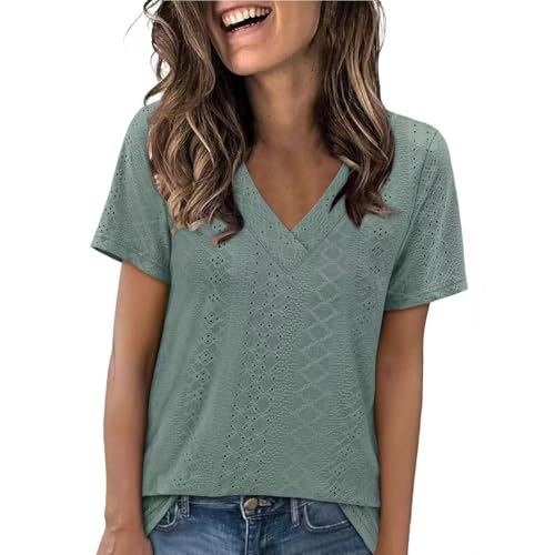 V Neck T Shirts for Women Short Sleeve Eyelet Embroidery Summer Tops and Blouses Dressy Casual Beach Vacation Clothes Green