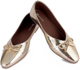 BELRANO Women’s Gold Ballet Flats | Pointed Toe Metallic Dress Shoes with Bow Detail | Comfortable Slip On Flat Shoes for ...
