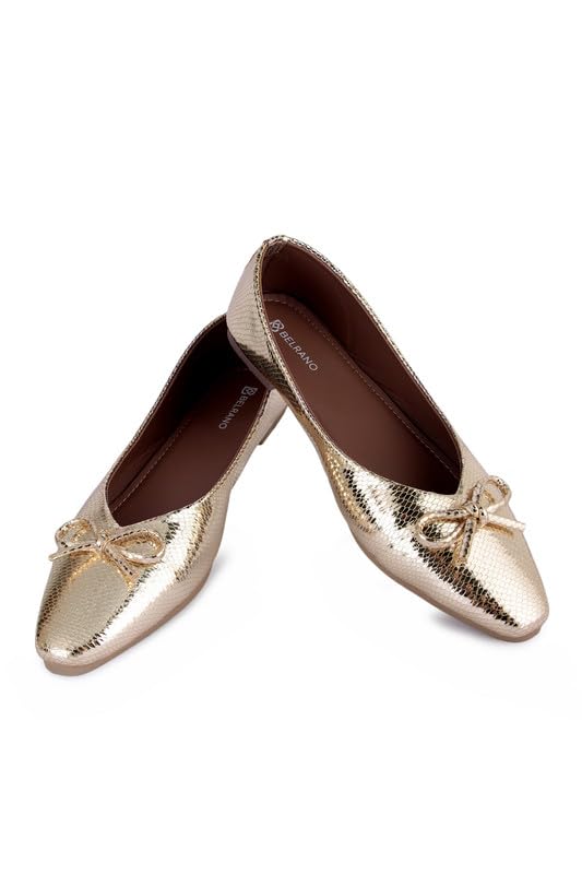BELRANO Women’s Gold Ballet Flats | Pointed Toe Metallic Dress Shoes with Bow Detail | Comfortable Slip On Flat Shoes for ... - Review, Price and Buying Guide