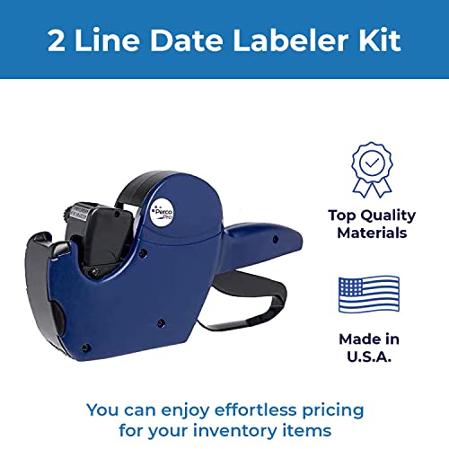 Perco Pro 2 Line Date Gun Labeler Kit, Includes 16 Digits Label Gun, 10,500 White Labels, Inker Remover Tool, And Pre-Loaded Ink Roll #TOP3