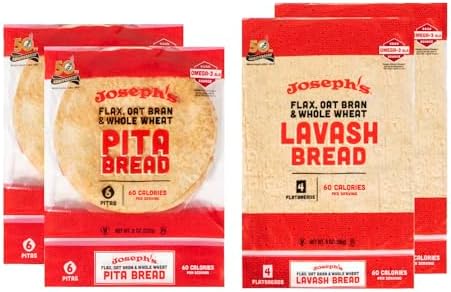 Joseph's 4-Pack Value Variety Bundle, Flax Oat Bran Whole Wheat 2 x Lavash Bread, Fresh Baked (8 Lavash Squares Total) and 2 x Pita Bread (12 Pita Loaves Total)