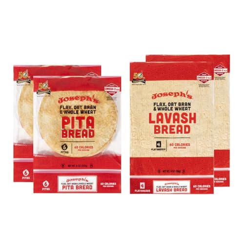 Joseph's 4-Pack Value Variety Bundle, Flax Oat Bran Whole Wheat 2 x Lavash Bread, Fresh Baked (8 Lavash Squares Total) and 2 x Pita Bread (12 Pita Loaves Total)
